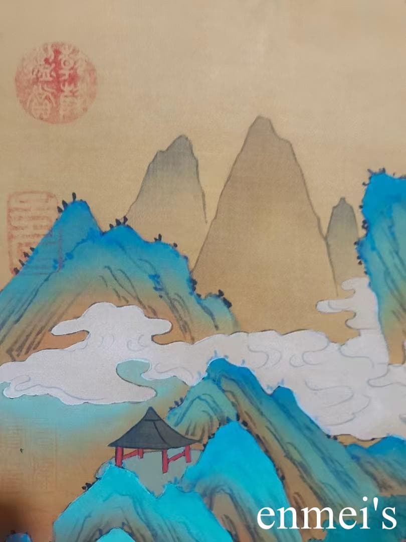 中国古美術・純手描き三尺中堂山水掛軸・水彩画・王原祁印款・書道品・絹本・一物一图