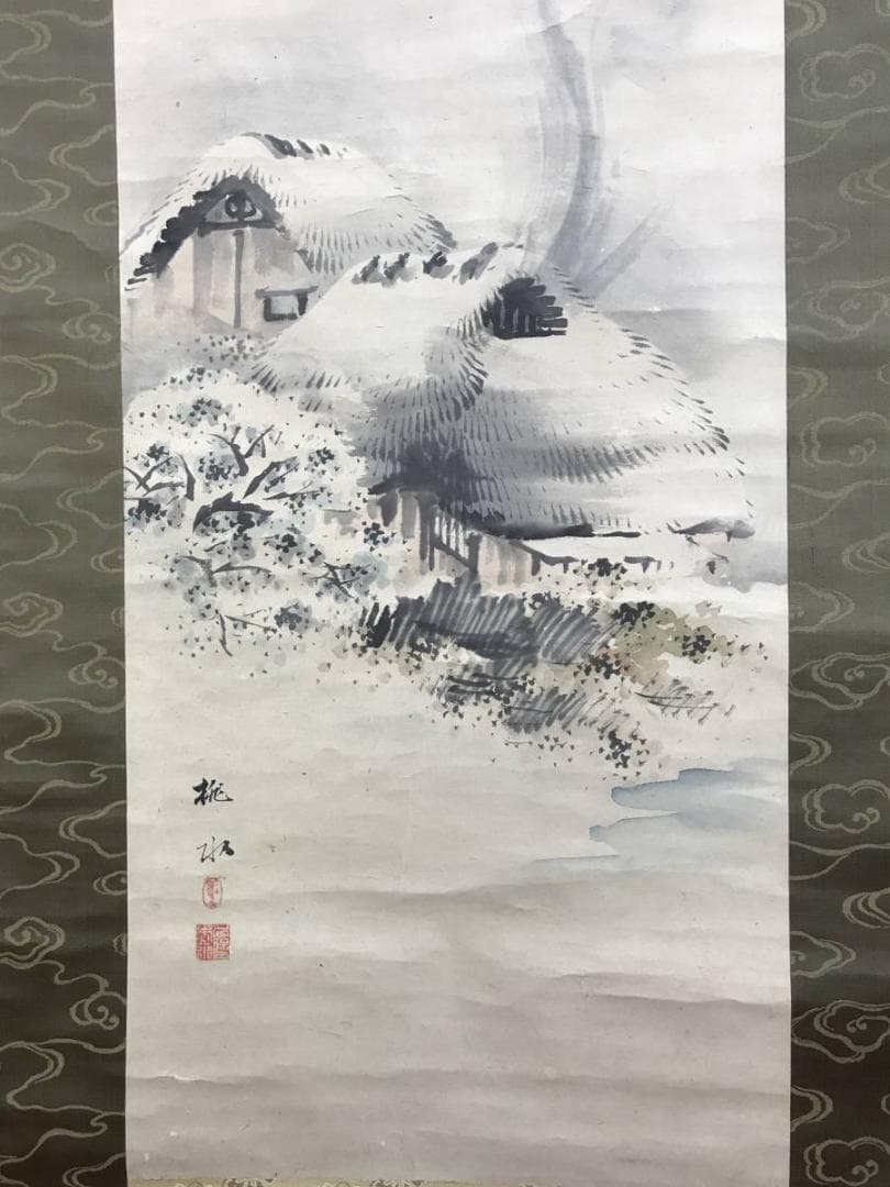 真作/久保田桃水/雪中田家図/山水図/雪景山水図/掛軸/名家伝来AE-299