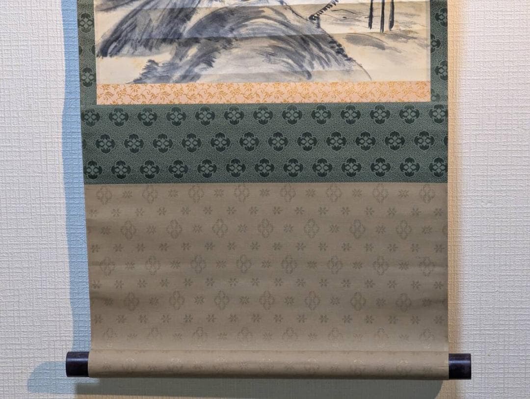 【真作】掛軸　春渓急雨之図　山水画　墨彩　日本画　古画風　共箱入　V130