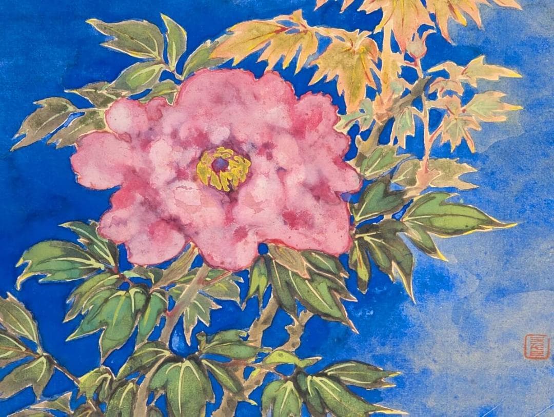 【真作】絵画　日本画（色紙）　牡丹図　鮮やかな青と華やかな花の共演　Y70