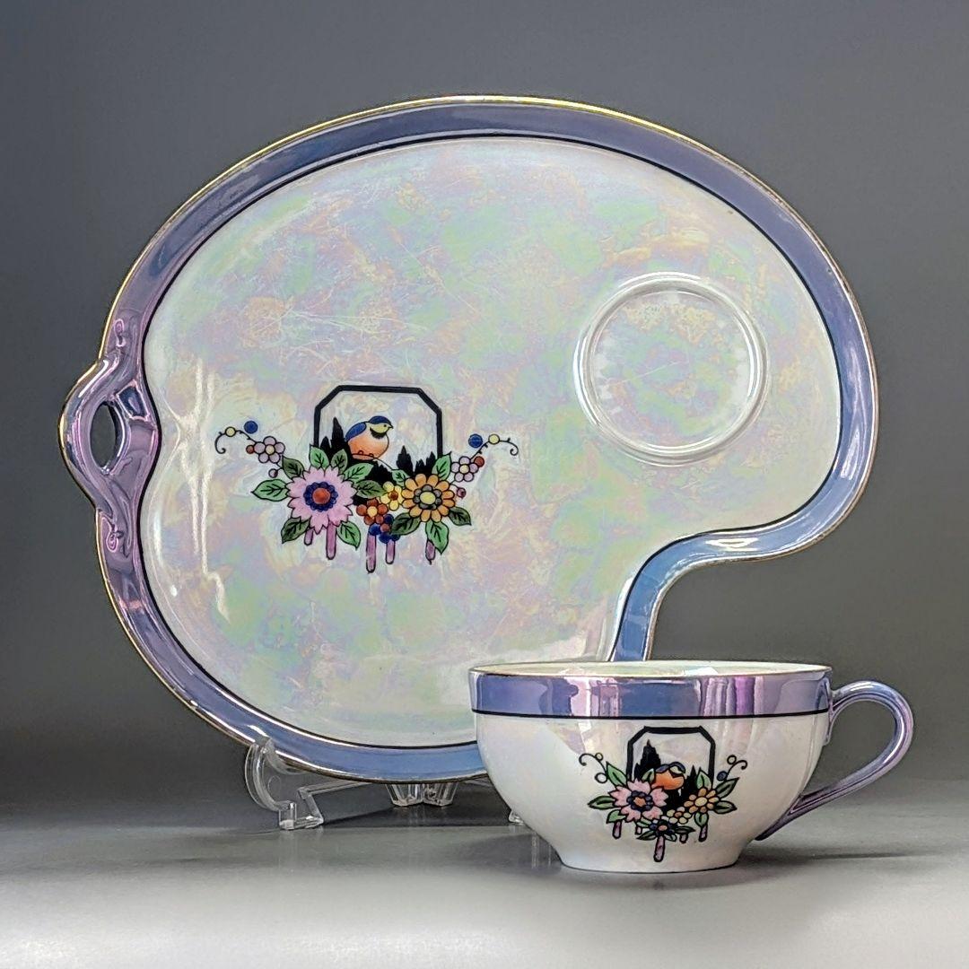 オールドノリタケ アールデコ期 虹ラスター彩 南国鳥と花絵柄の スナックセット