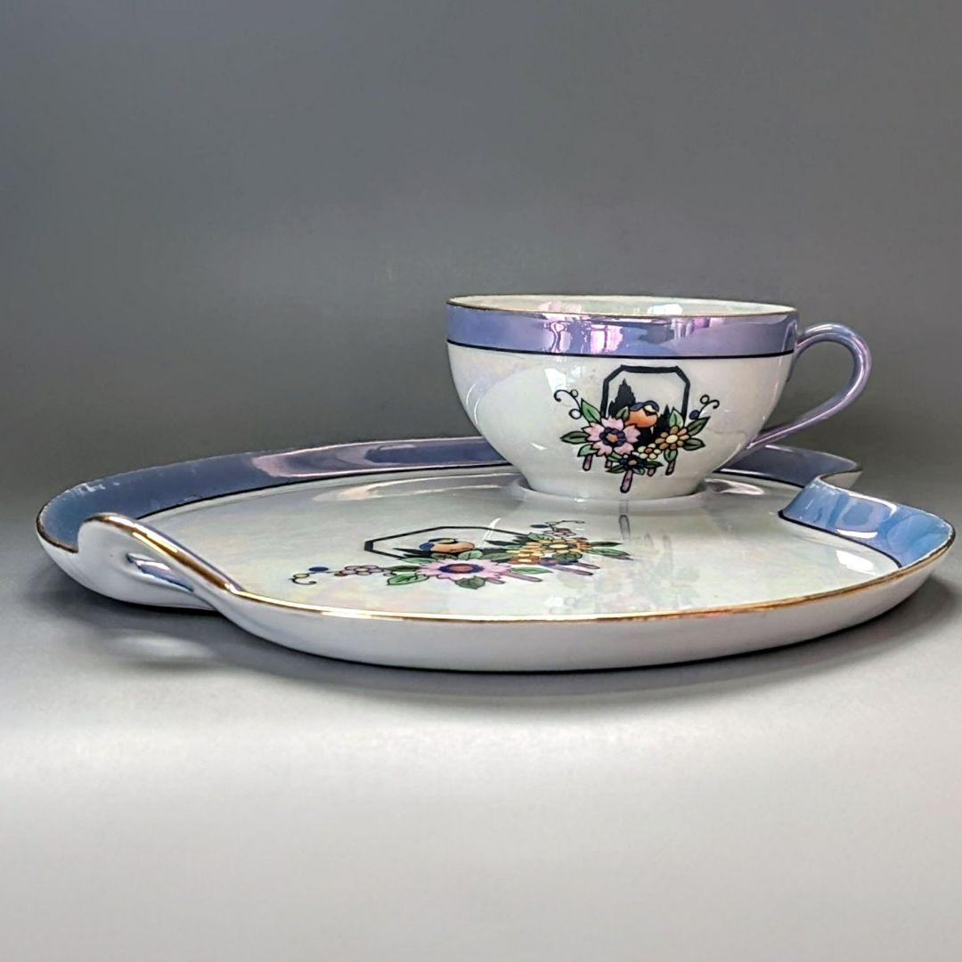 オールドノリタケ アールデコ期 虹ラスター彩 南国鳥と花絵柄の スナックセット