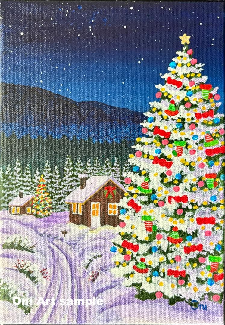 アクリル画　原画　「星降る夜のクリスマス05」額縁付き　SMサイズ　風景画