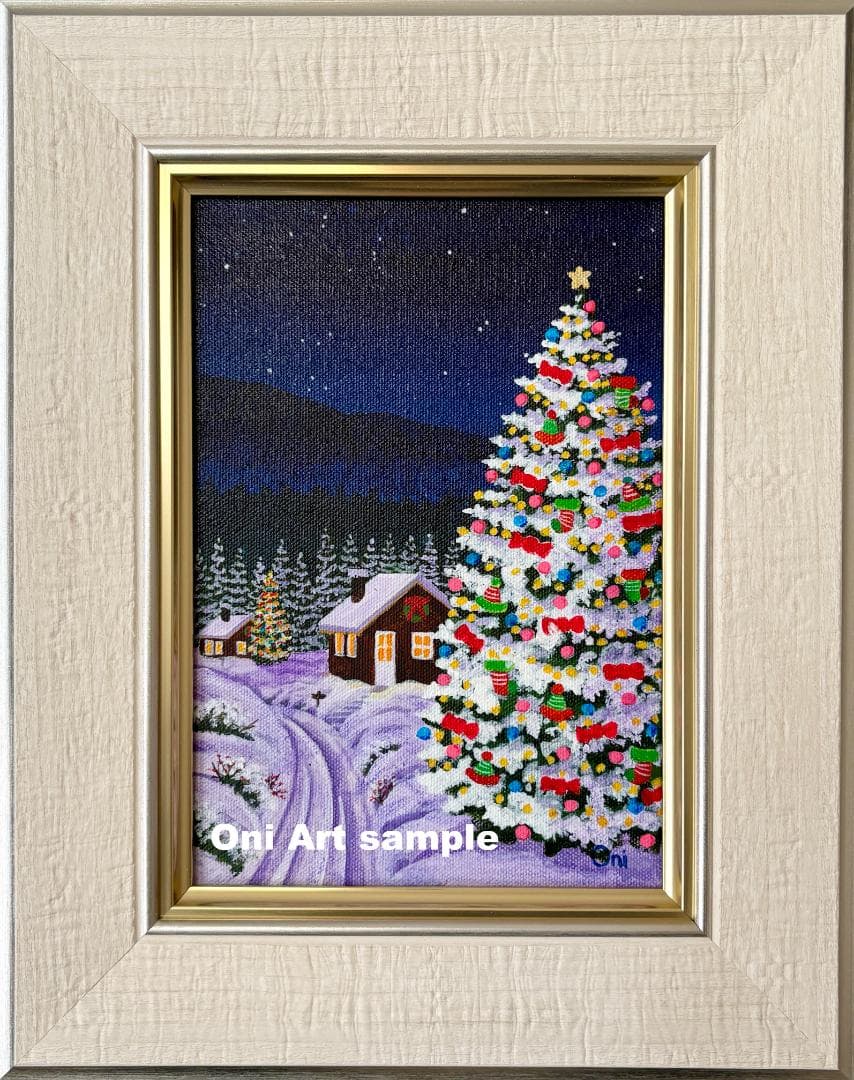 アクリル画　原画　「星降る夜のクリスマス05」額縁付き　SMサイズ　風景画