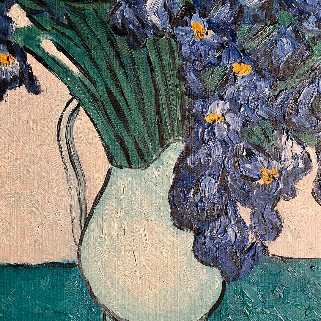 ★秀作★ 手書き油絵 ゴッホ 花瓶のアイリス 肉筆絵画 額付 インテリア 油彩画