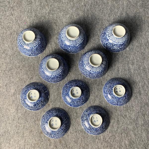 古伊万里太明年製染付蛸唐草蓋茶碗5個 [B28628]