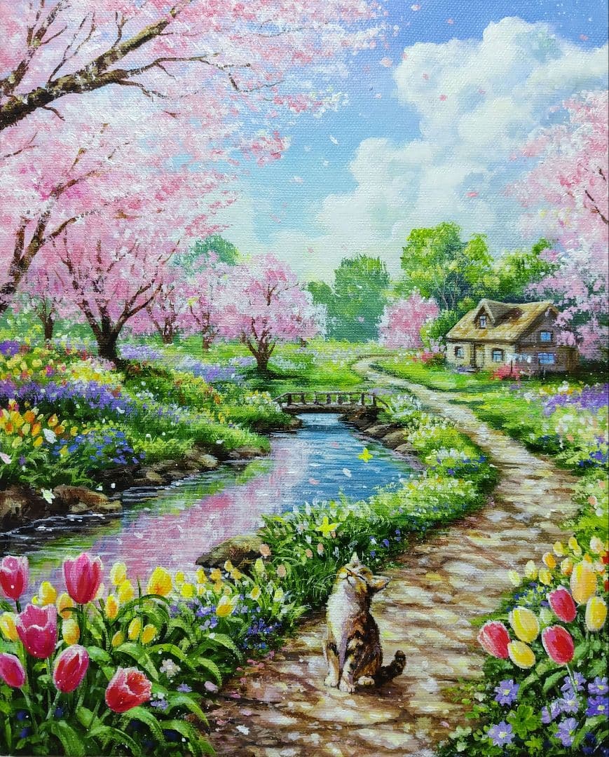 【春の散歩道】アクリル画 F3 風景画 絵画