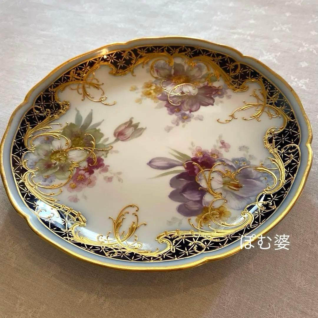 【KPMベルリン】印象派 印象主義／コバルト 上金彩皿 プレート「三つの花」