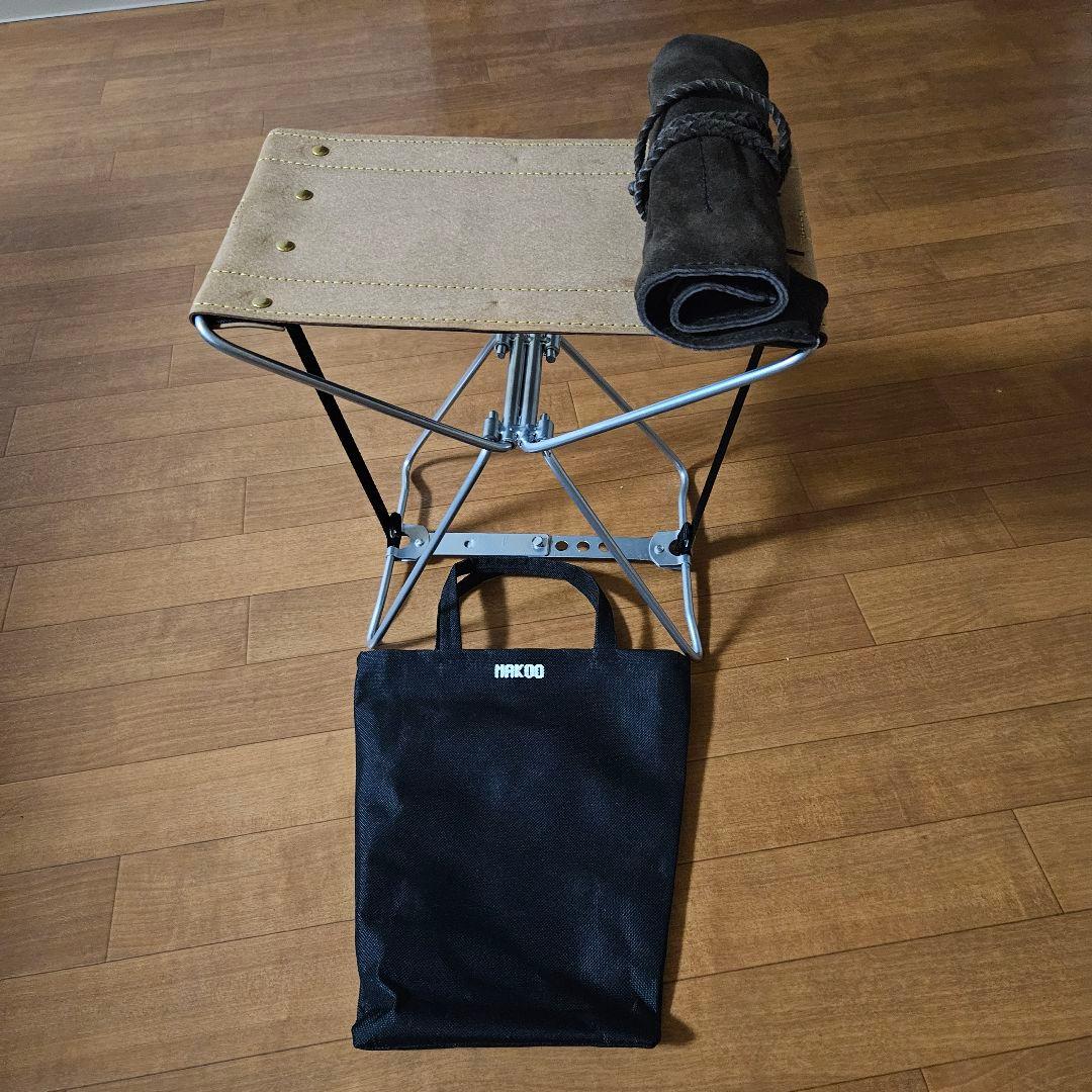 未使用MAKOO リサイクルレザー 折りたたみスツール & 木製カトラリーセット