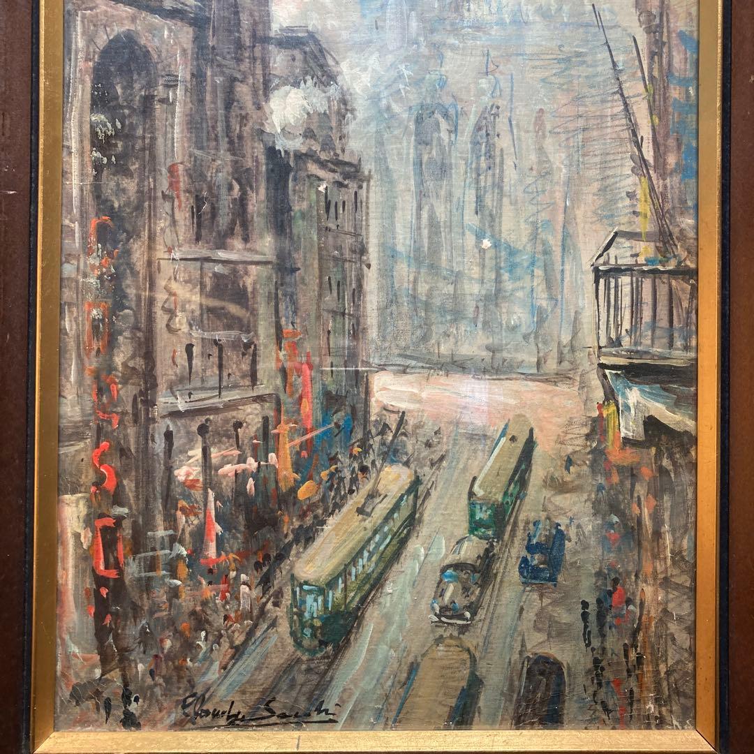 大聖堂風景　作者不詳　油絵　額61×33絵57×28cm ヨーロッパ街の風景