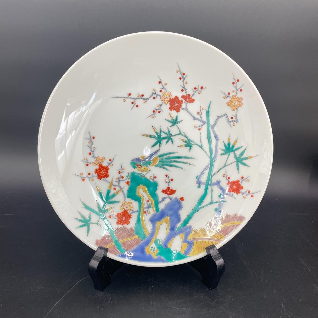伊万里焼 草花文 色絵皿 鷹巣功作 共箱付 約24.5cm　R8SB353