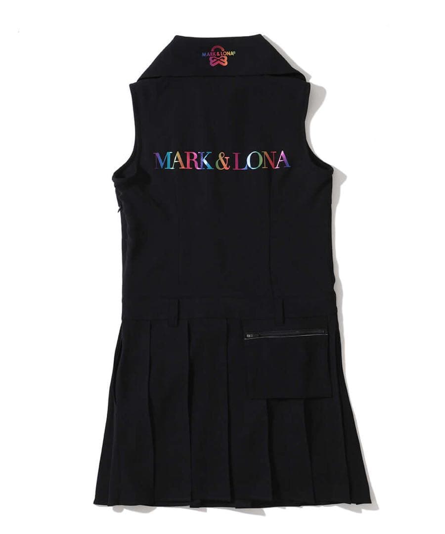 MARK&LONA プリーツ切替衿付きノースリーブワンピース ブラック