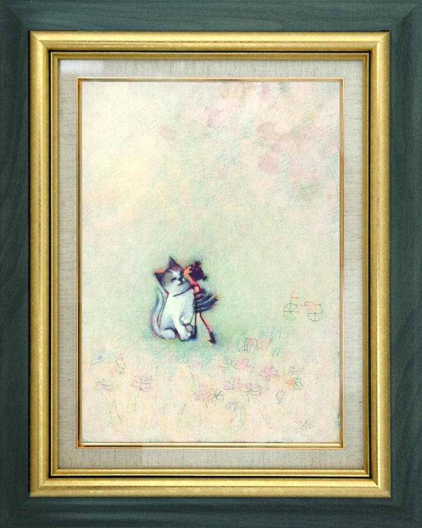 油絵 菅家令子絵 絵画インテリア額付(淡い銀青緑 )F3-051621子猫女の子